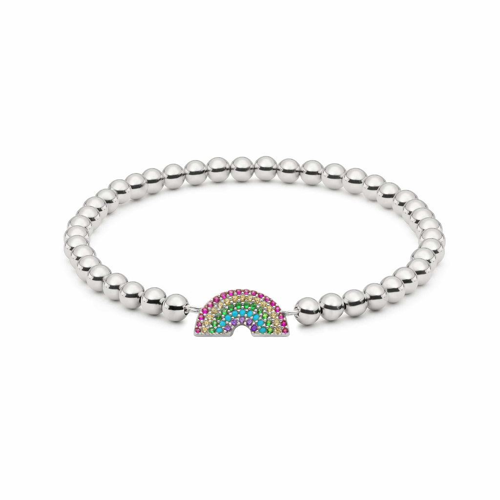 Silver Rainbow Heart Charm Bracelet, Flower Key Charm Bead
